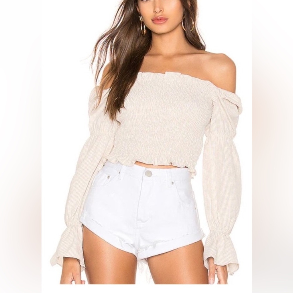 Superdown Revolve Off-Shoulder Smocked Cream Top with Long Sleeves, ruffles sz S